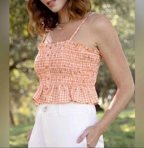 NWT Greylin Gingham Orange Smocked Ruffle Ditsy Tiny Floral Summer Crop Top